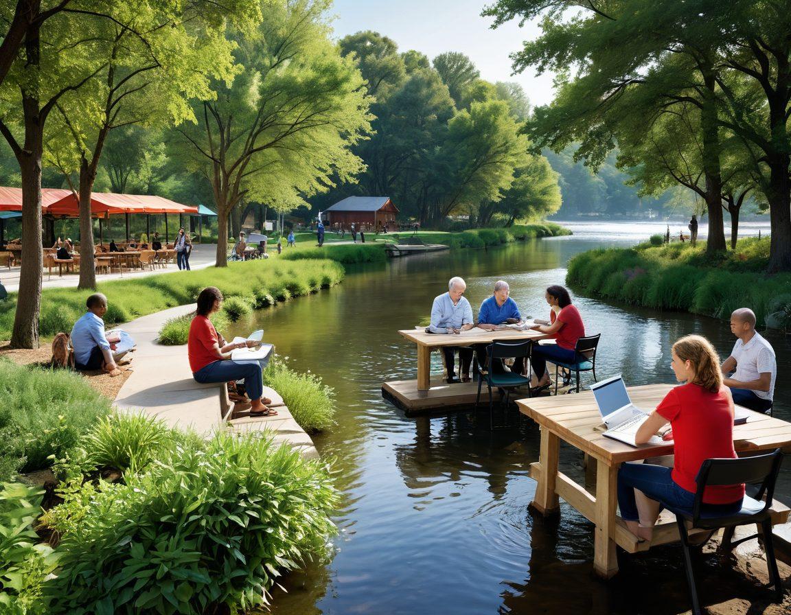 A serene riverside scene featuring a diverse group of citizens collaboratively discussing tax management resources, surrounded by nature and community-focused elements like information kiosks and friendly tax advisors. Include visuals of flowing water and vibrant greenery to evoke a sense of tranquility and accessibility. The atmosphere should be inviting and supportive, reflecting the theme of community collaboration in tax management. super-realistic. vibrant colors. outdoors.
