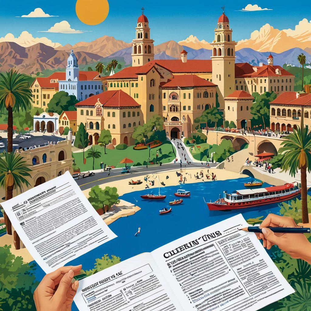 An illustrated guide featuring a diverse group of people collaboratively navigating tax documents, surrounded by iconic Riverside County landmarks like the Mission Inn and Mount Rubidioux. Include symbols of tax management such as calculators, tax forms, and friendly tax service representatives, all under a sunny California sky. The scene should convey a sense of empowerment and community support in mastering taxes. vibrant colors. vector art.