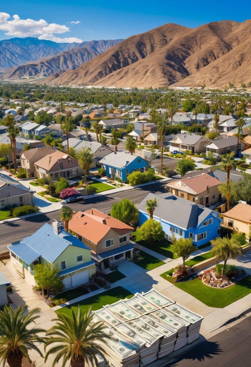 A scenic view of Riverside County showcasing diverse properties like single-family homes, duplexes, and commercial buildings, interspersed with dollar bills and tax documents gently falling from the sky. In the foreground, a vibrant community meeting with residents discussing taxes, with a backdrop of palm trees and rolling hills under a sunny blue sky. The scene conveys a sense of community and financial empowerment. super-realistic. vibrant colors. 3D.